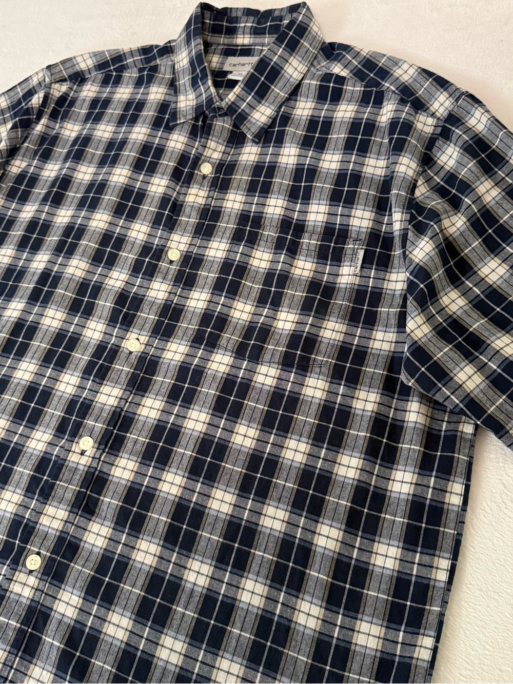 Carhartt Mens XL Plaid Short Sleeve Button Up Shirt Blue Gray 100% Cotton